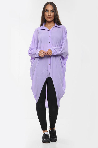 High-Low Oversized Button Long Top Shirt Dress with Hem and Long Sleeves