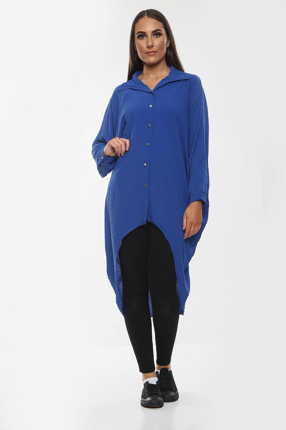 High-Low Oversized Button Long Top Shirt Dress with Hem and Long Sleeves