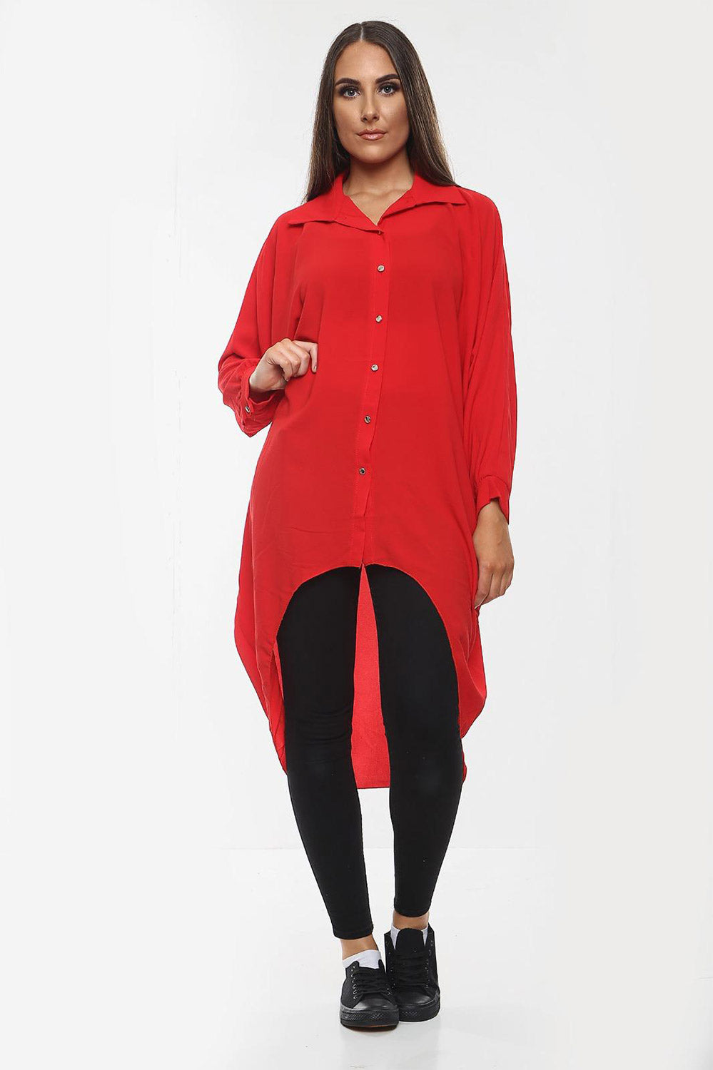 High-Low Oversized Button Long Top Shirt Dress with Hem and Long Sleeves