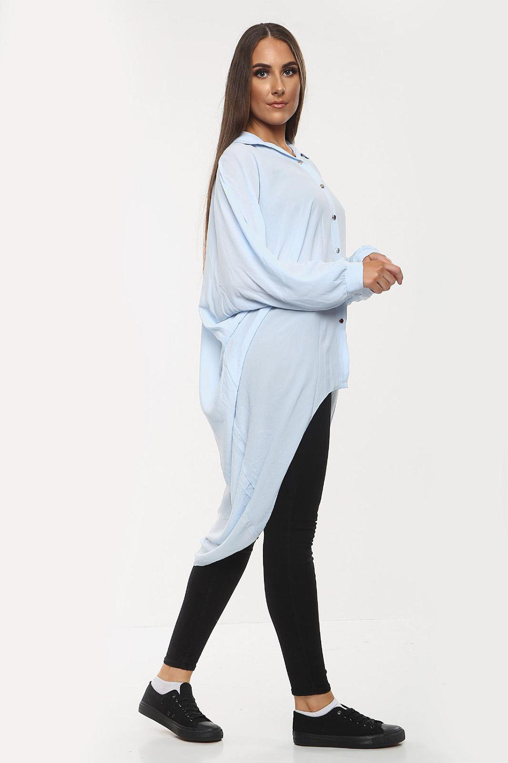 High-Low Oversized Button Long Top Shirt Dress with Hem and Long Sleeves