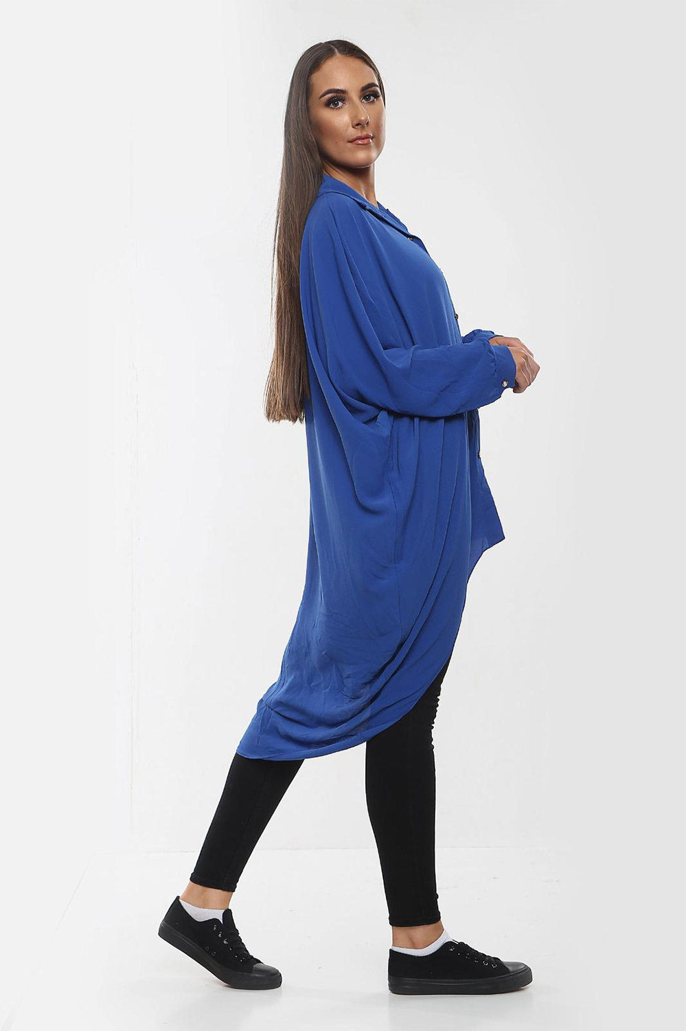 High-Low Oversized Button Long Top Shirt Dress with Hem and Long Sleeves