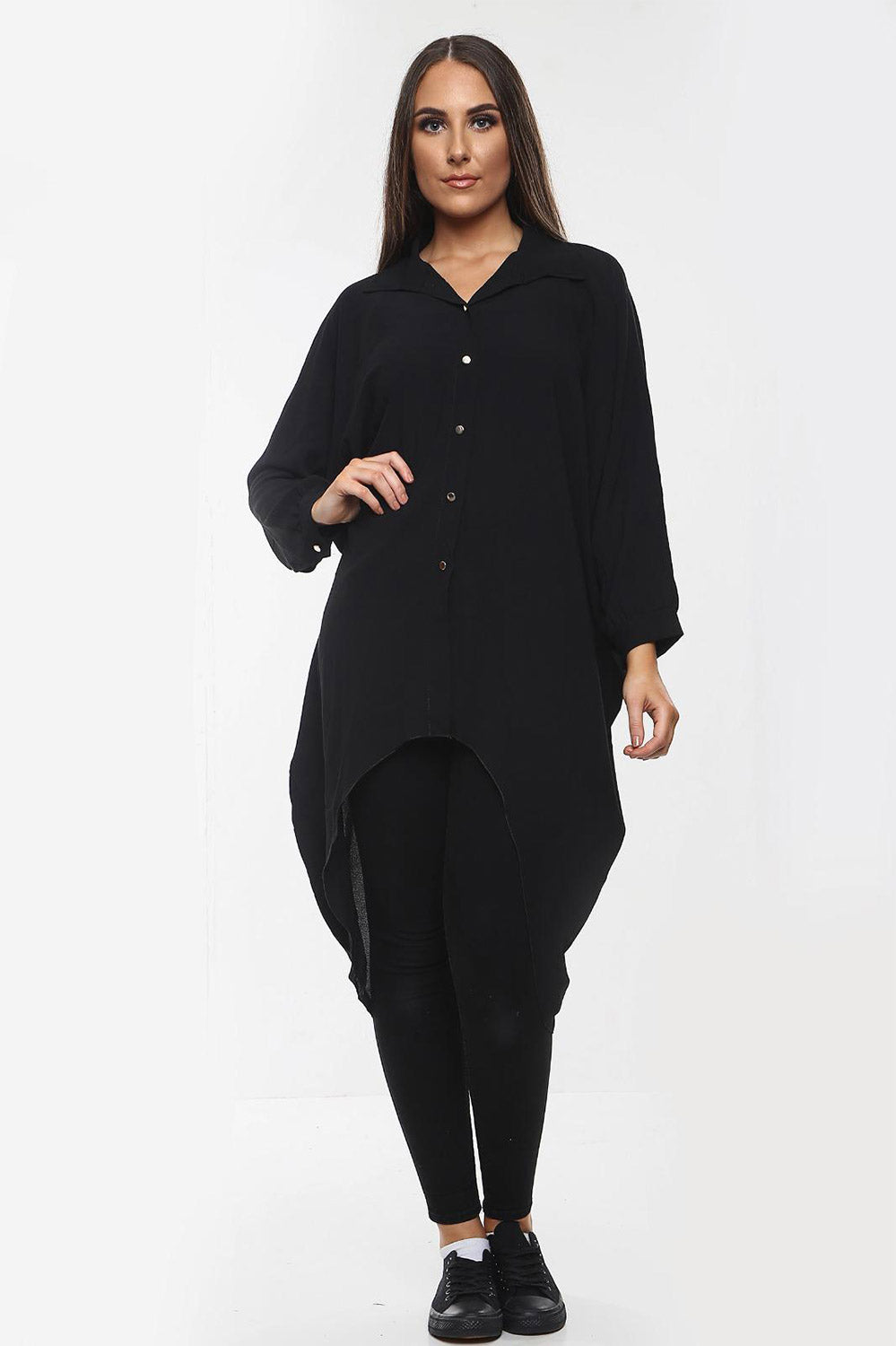 High-Low Oversized Button Long Top Shirt Dress with Hem and Long Sleeves