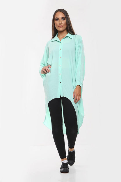 High-Low Oversized Button Long Top Shirt Dress with Hem and Long Sleeves