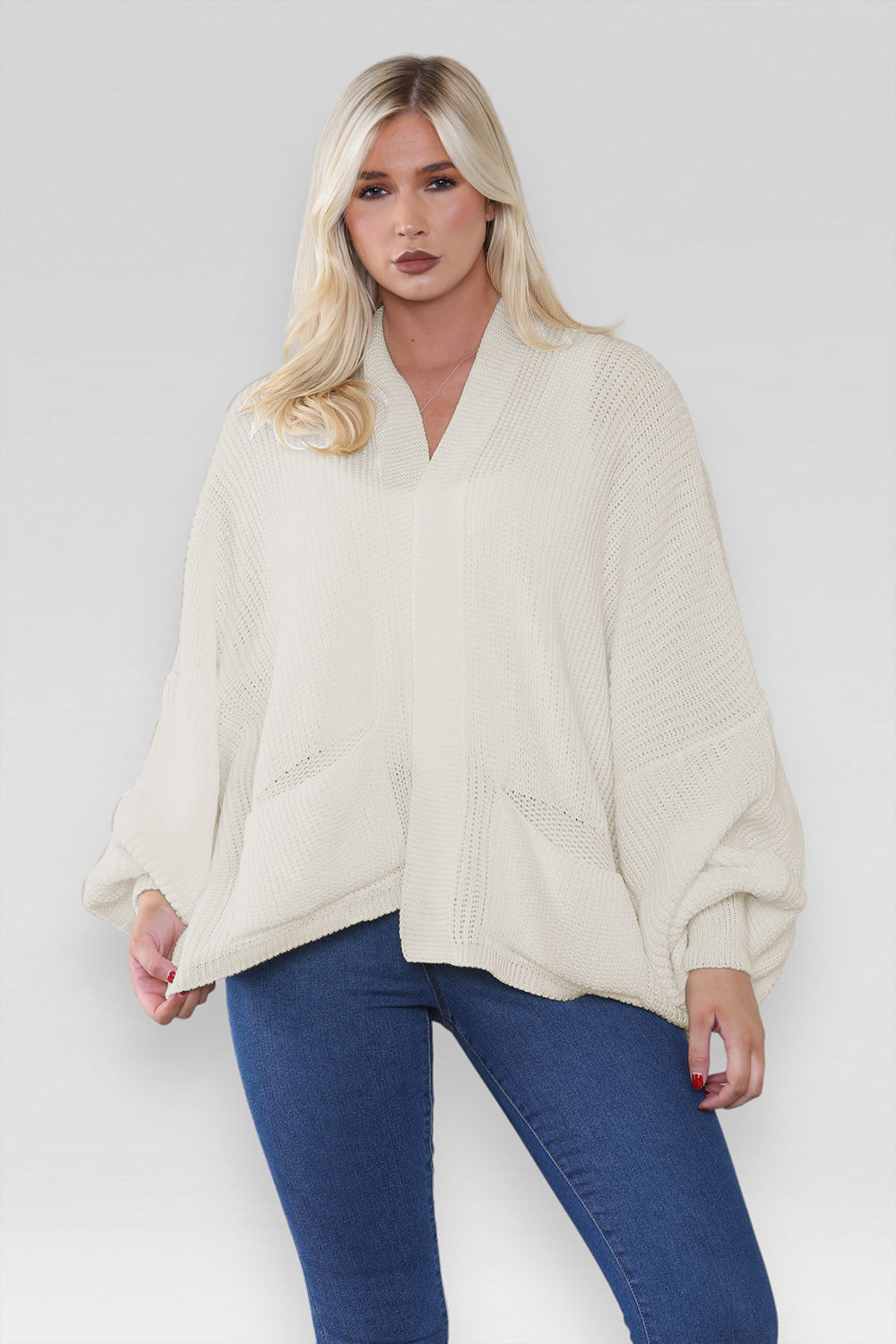 Ladies Oversized Cropped Short Balloon Pocket Chunky Knitted Cardigan