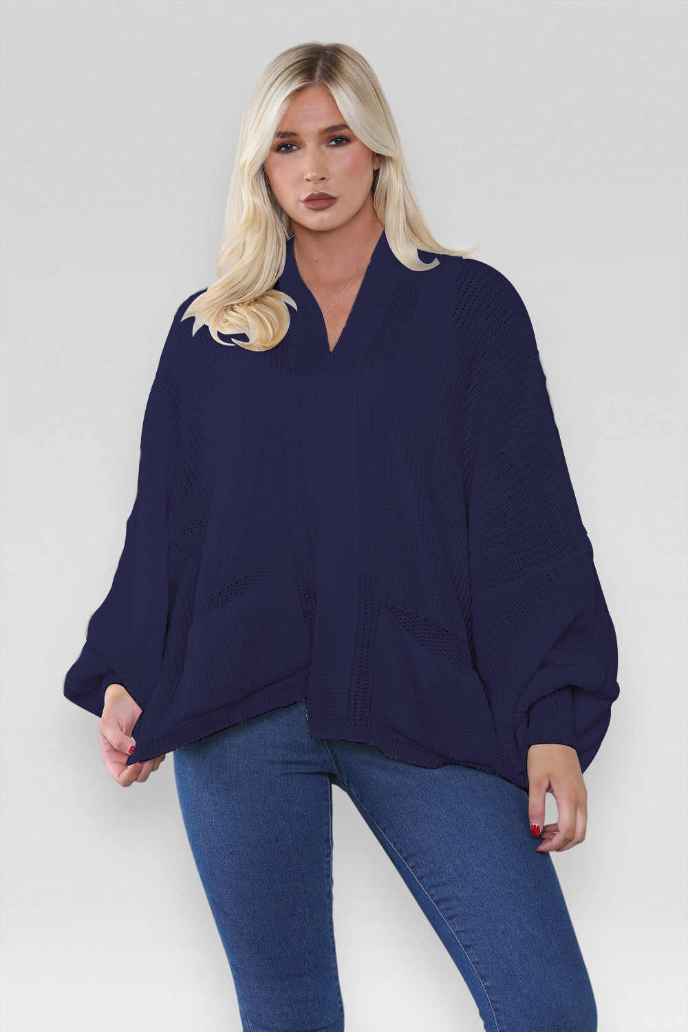 Ladies Oversized Cropped Short Balloon Pocket Chunky Knitted Cardigan