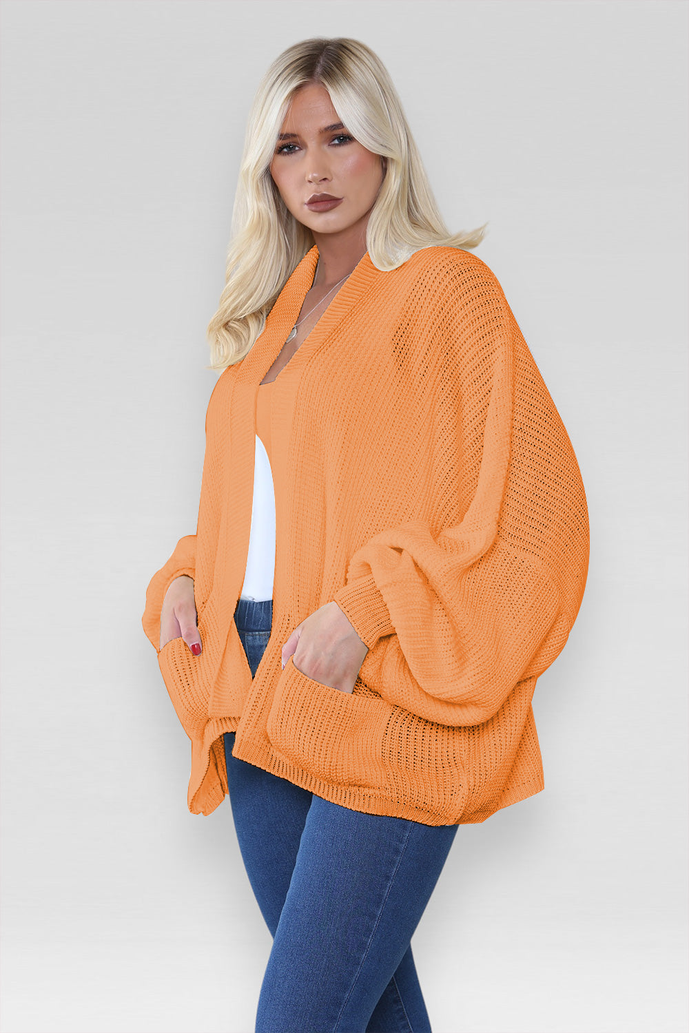 Ladies Oversized Cropped Short Balloon Pocket Chunky Knitted Cardigan