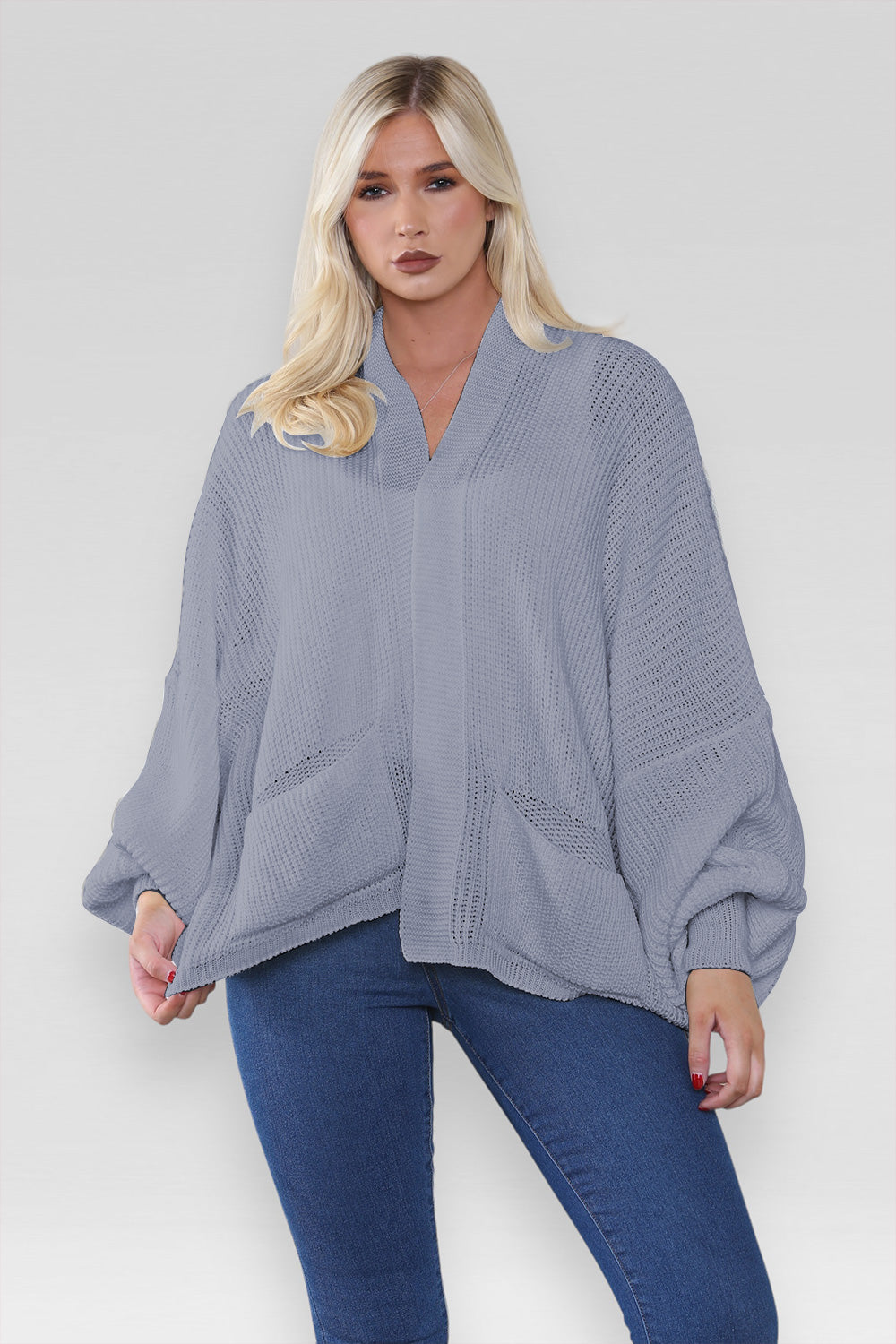 Ladies Oversized Cropped Short Balloon Pocket Chunky Knitted Cardigan