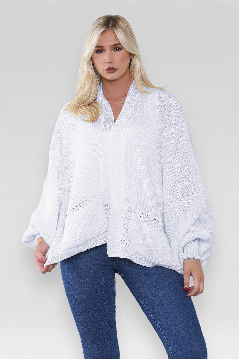 Ladies Oversized Cropped Short Balloon Pocket Chunky Knitted Cardigan