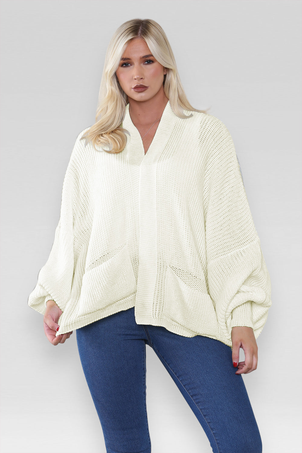 Ladies Oversized Cropped Short Balloon Pocket Chunky Knitted Cardigan