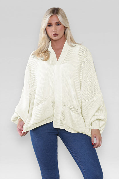 Ladies Oversized Cropped Short Balloon Pocket Chunky Knitted Cardigan