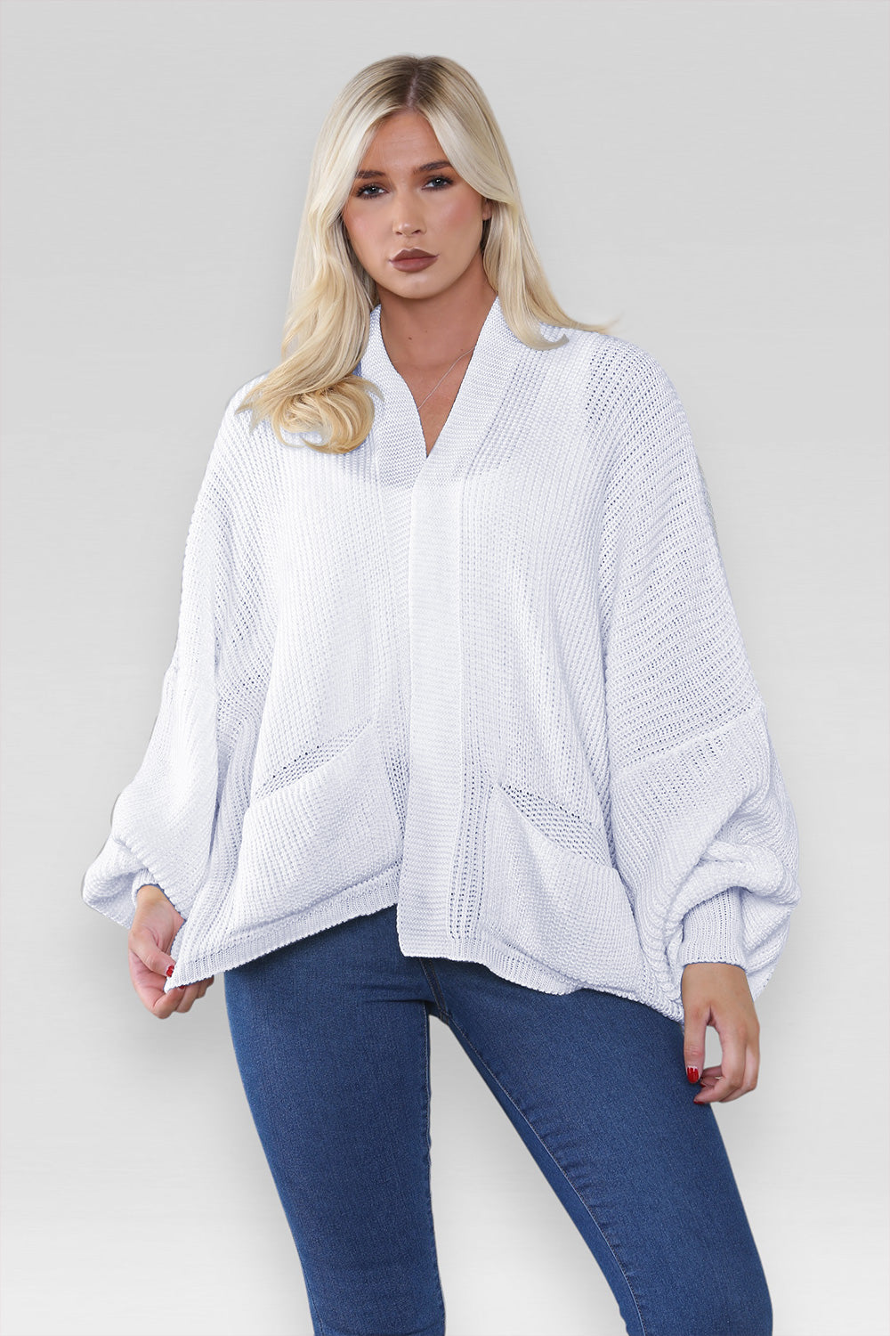 Ladies Oversized Cropped Short Balloon Pocket Chunky Knitted Cardigan