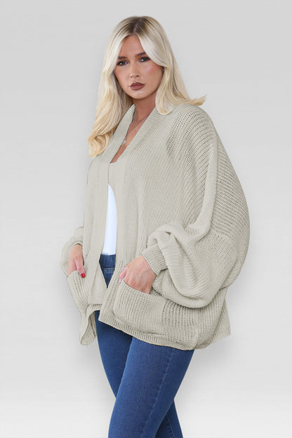 Ladies Oversized Cropped Short Balloon Pocket Chunky Knitted Cardigan