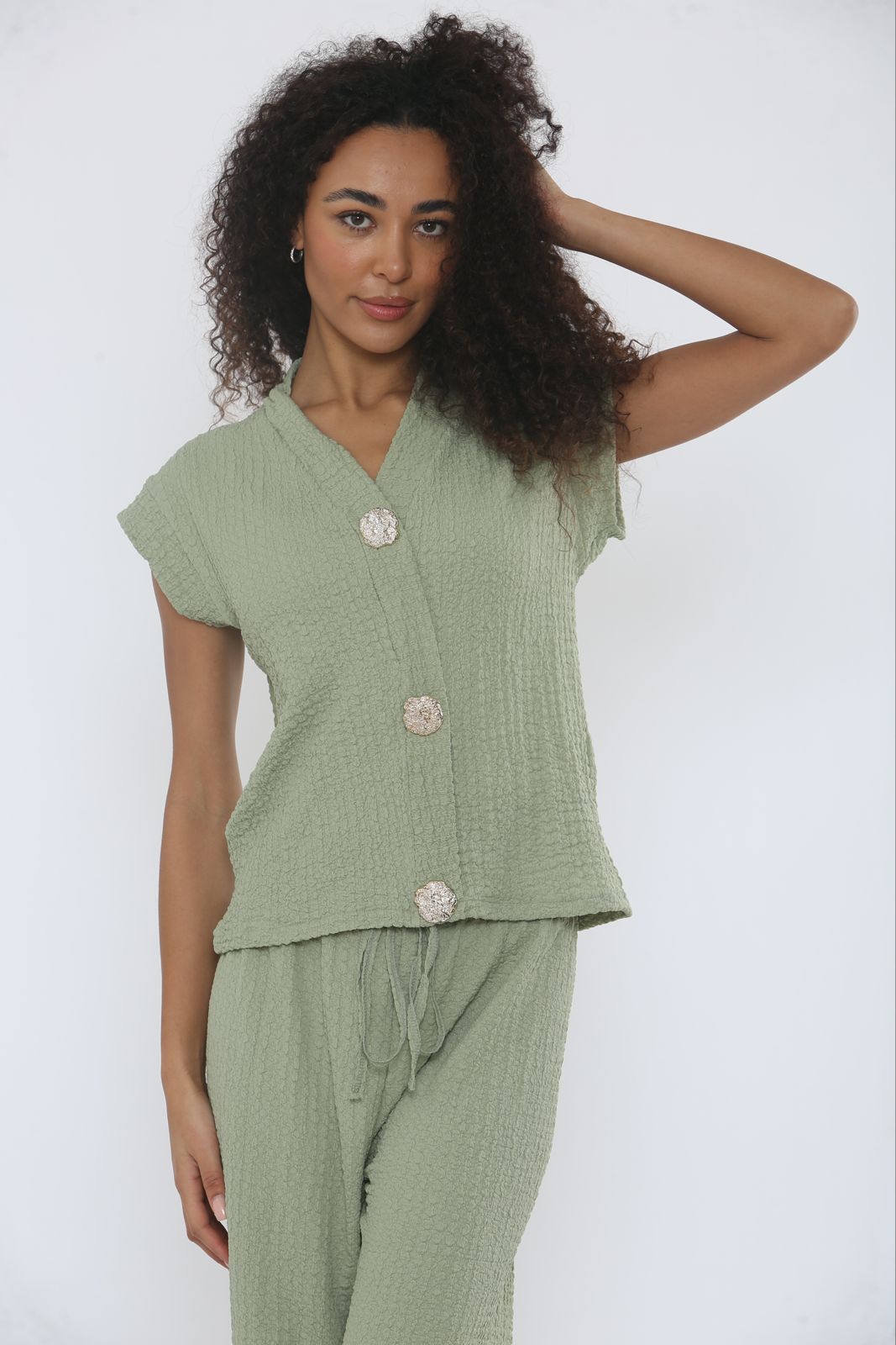 V-Neck Cheesecloth Gold Button Top & Wide Leg Trouser Co-Ord Suit