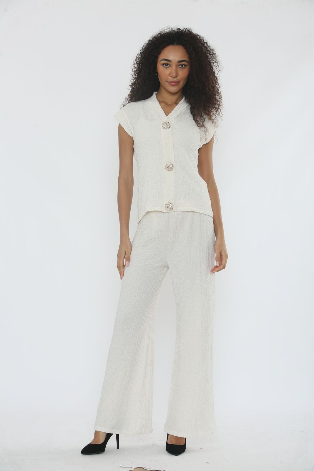 V-Neck Cheesecloth Gold Button Top & Wide Leg Trouser Co-Ord Suit