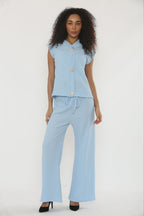 V-Neck Cheesecloth Gold Button Top & Wide Leg Trouser Co-Ord Suit