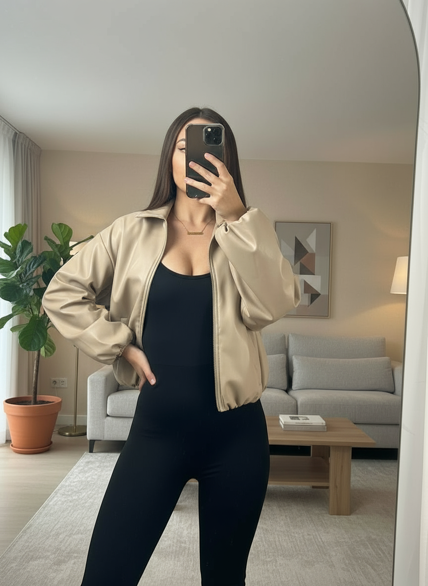 PU Bommer Jacket with Collar