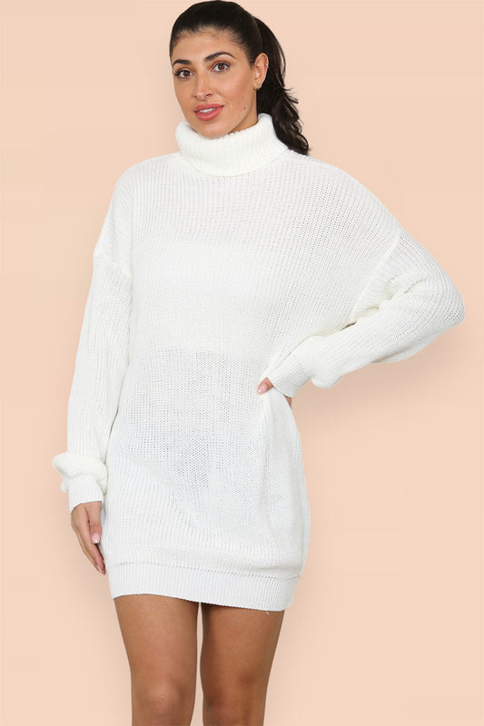 Polo Roll Neck Over Sized Ribbed Knitted Florescent Chunky Sweater Jumper Dress