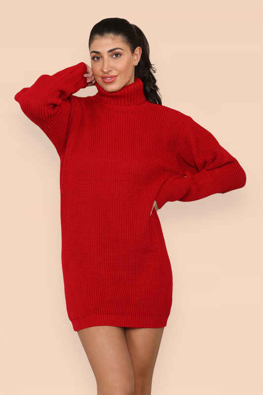 Polo Roll Neck Over Sized Ribbed Knitted Florescent Chunky Sweater Jumper Dress