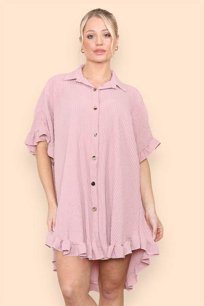 Over Sized Italian Gold Button Pleated Frill Ruffle TikTok Dress Top