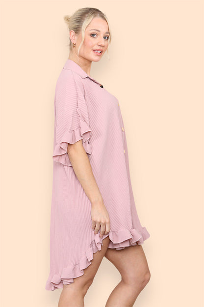 Over Sized Italian Gold Button Pleated Frill Ruffle TikTok Dress Top