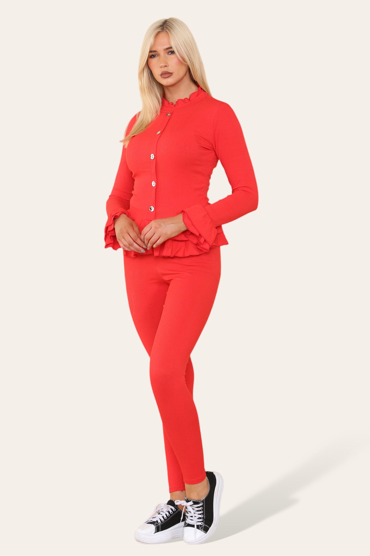 Long Sleeves Peplum Front Buttons Frilled Hem Lounge Wear Set