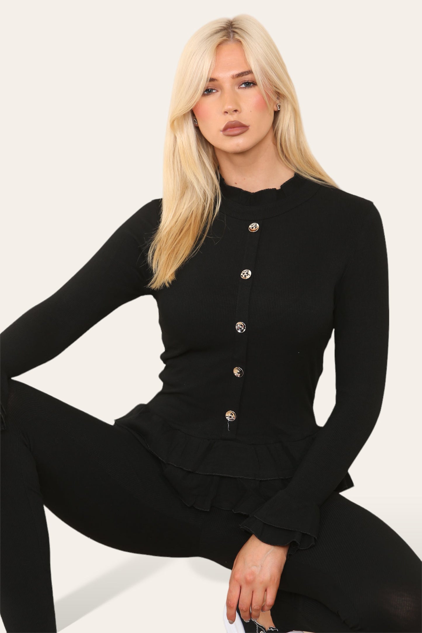 Long Sleeves Peplum Front Buttons Frilled Hem Lounge Wear Set