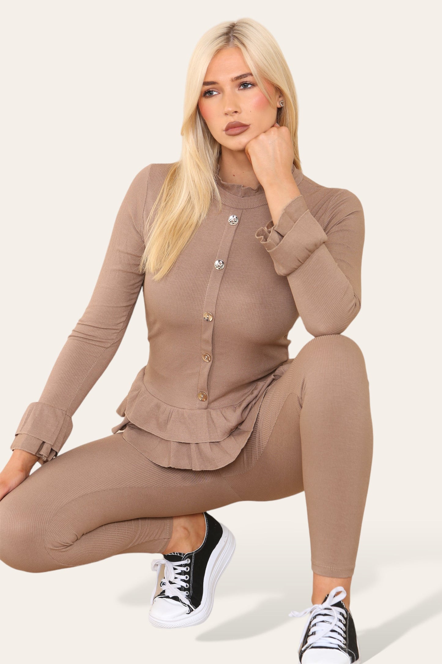 Long Sleeves Peplum Front Buttons Frilled Hem Lounge Wear Set