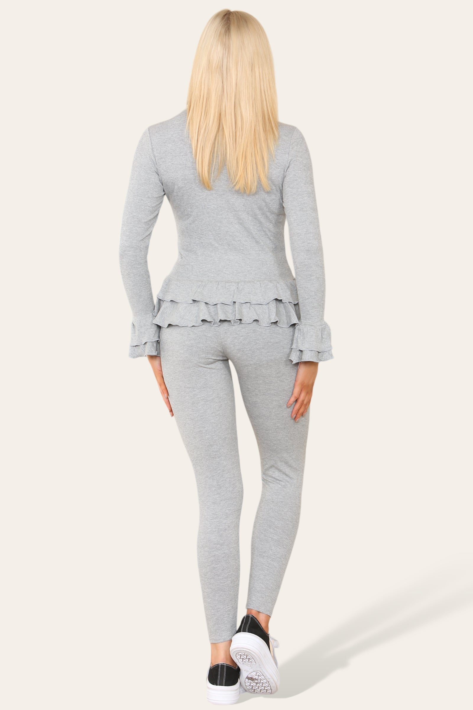 Long Sleeves Peplum Front Buttons Frilled Hem Lounge Wear Set