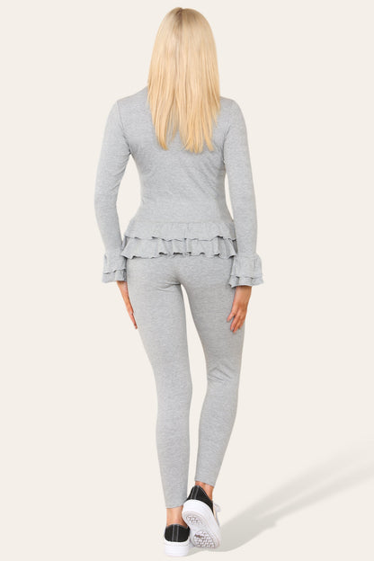 Long Sleeves Peplum Front Buttons Frilled Hem Lounge Wear Set