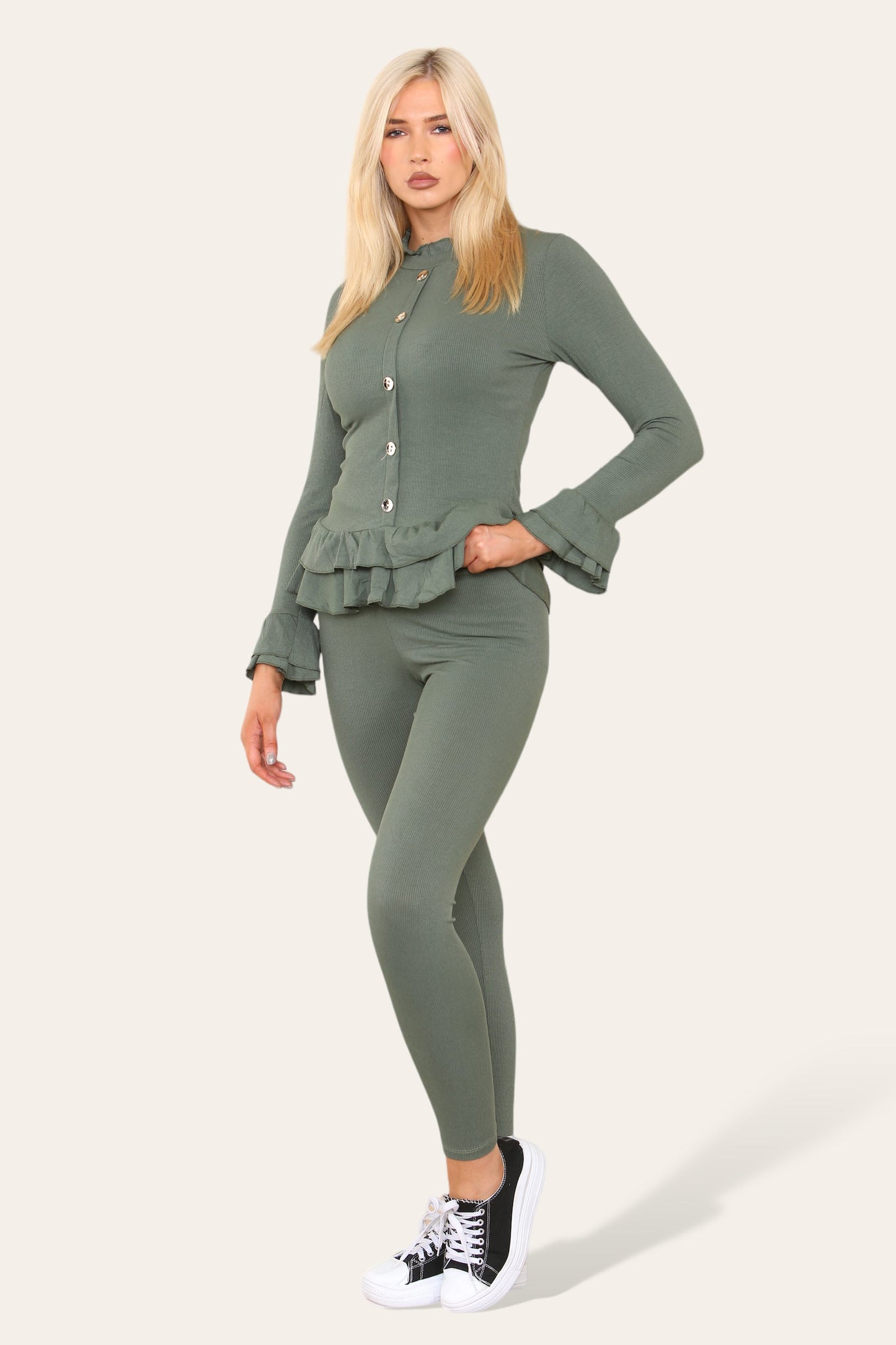 Long Sleeves Peplum Front Buttons Frilled Hem Lounge Wear Set