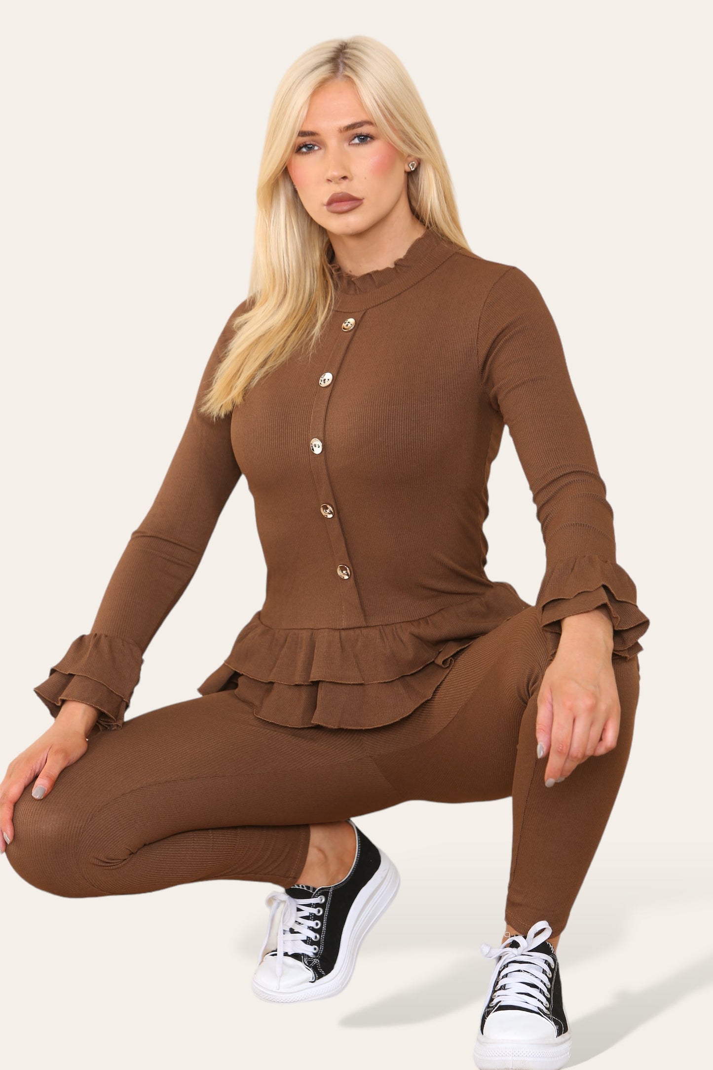 Long Sleeves Peplum Front Buttons Frilled Hem Lounge Wear Set