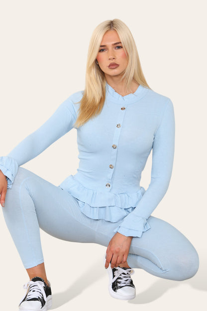 Long Sleeves Peplum Front Buttons Frilled Hem Lounge Wear Set