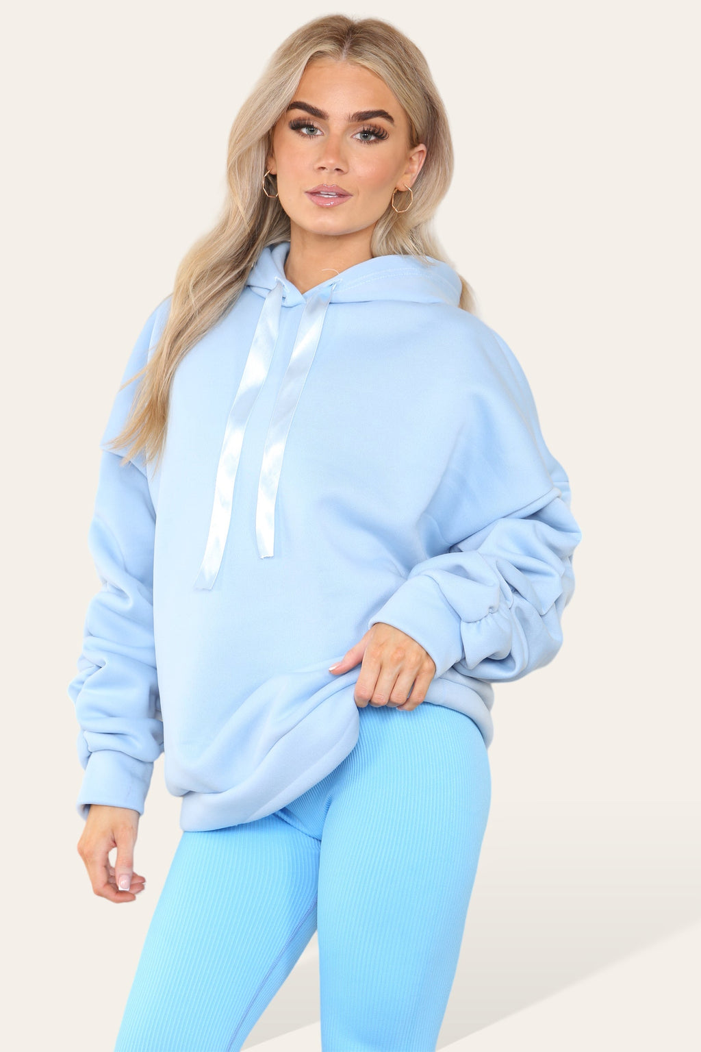 Oversized Ruched Sleeves Hoodie With Satin Ribbon with High Waist High