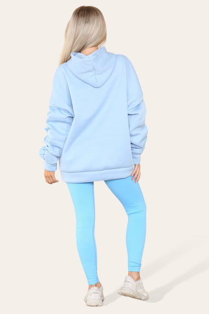 Oversized Ruched Sleeves Hoodie With Satin Ribbon with High Waist High