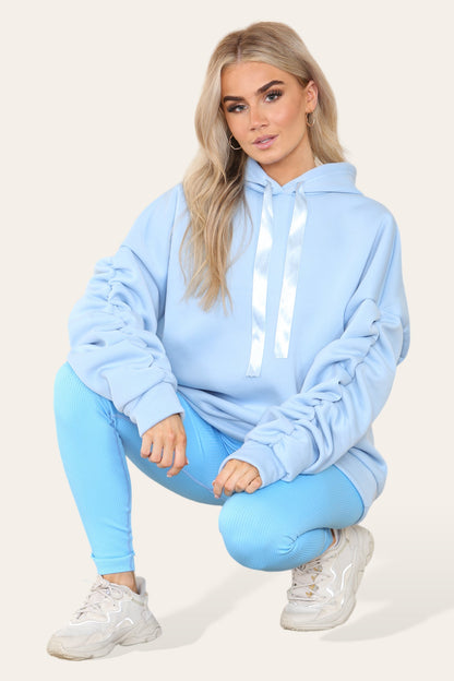 Oversized Ruched Sleeves Hoodie With Satin Ribbon with High Waist High