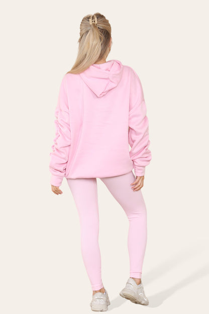 Oversized Ruched Sleeves Hoodie With Satin Ribbon with High Waist High