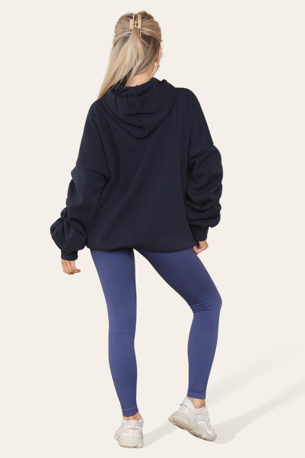 Oversized Ruched Sleeves Hoodie With Satin Ribbon with High Waist High