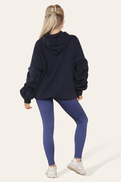 Oversized Ruched Sleeves Hoodie With Satin Ribbon with High Waist High