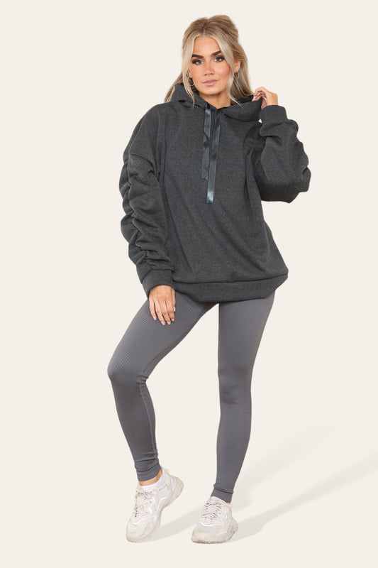 Oversized Ruched Sleeves Hoodie With Satin Ribbon with High Waist High Rise Seamless Ribbed Legging Set