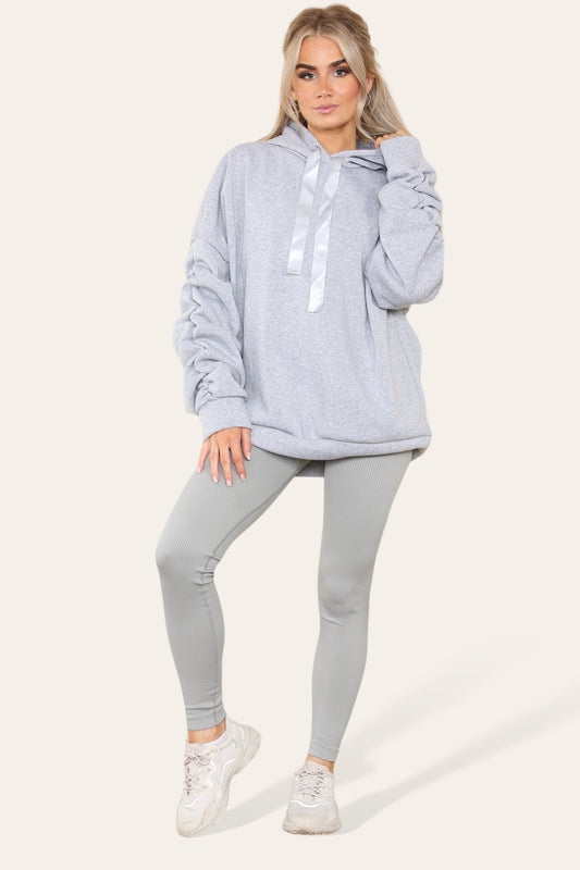 Oversized Ruched Sleeves Hoodie With Satin Ribbon