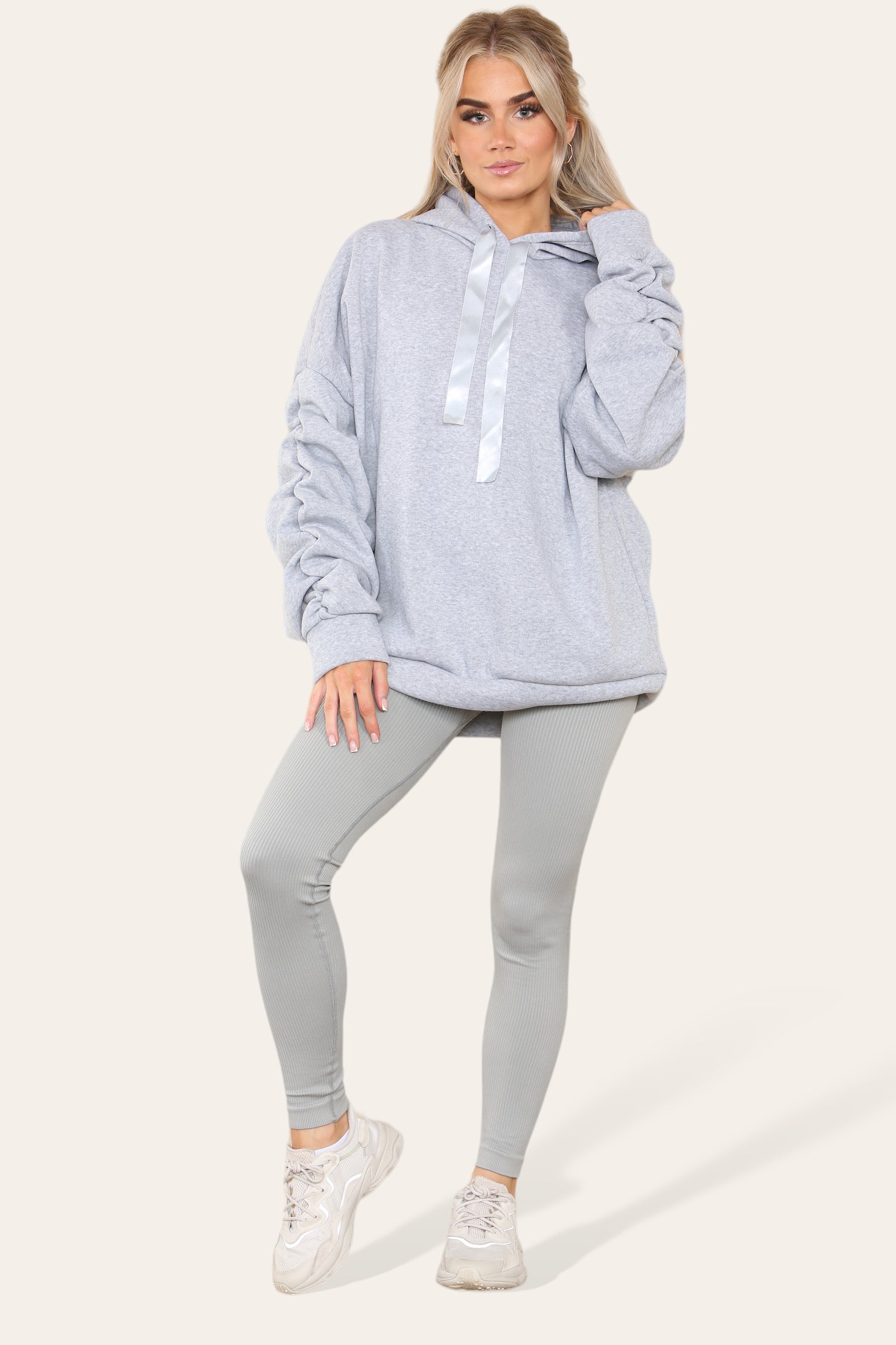 Oversized Ruched Sleeves Hoodie With Satin Ribbon with High Waist High