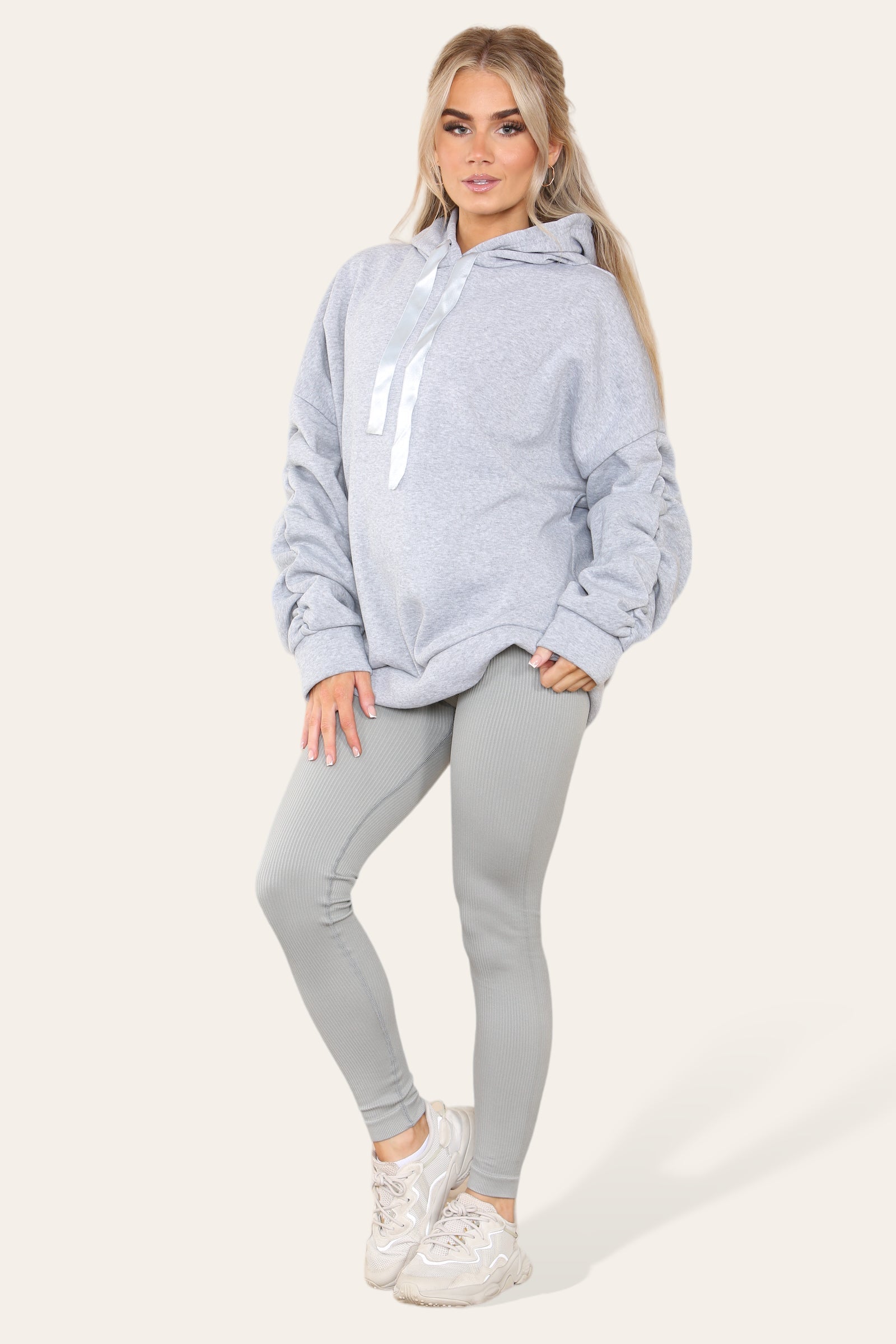 Oversized Ruched Sleeves Hoodie With Satin Ribbon with High Waist High
