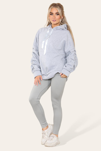 Oversized Ruched Sleeves Hoodie With Satin Ribbon