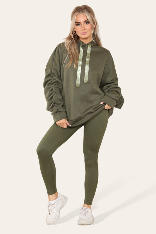 Oversized Ruched Sleeves Hoodie With Satin Ribbon with High Waist High Rise Seamless Ribbed Legging Set