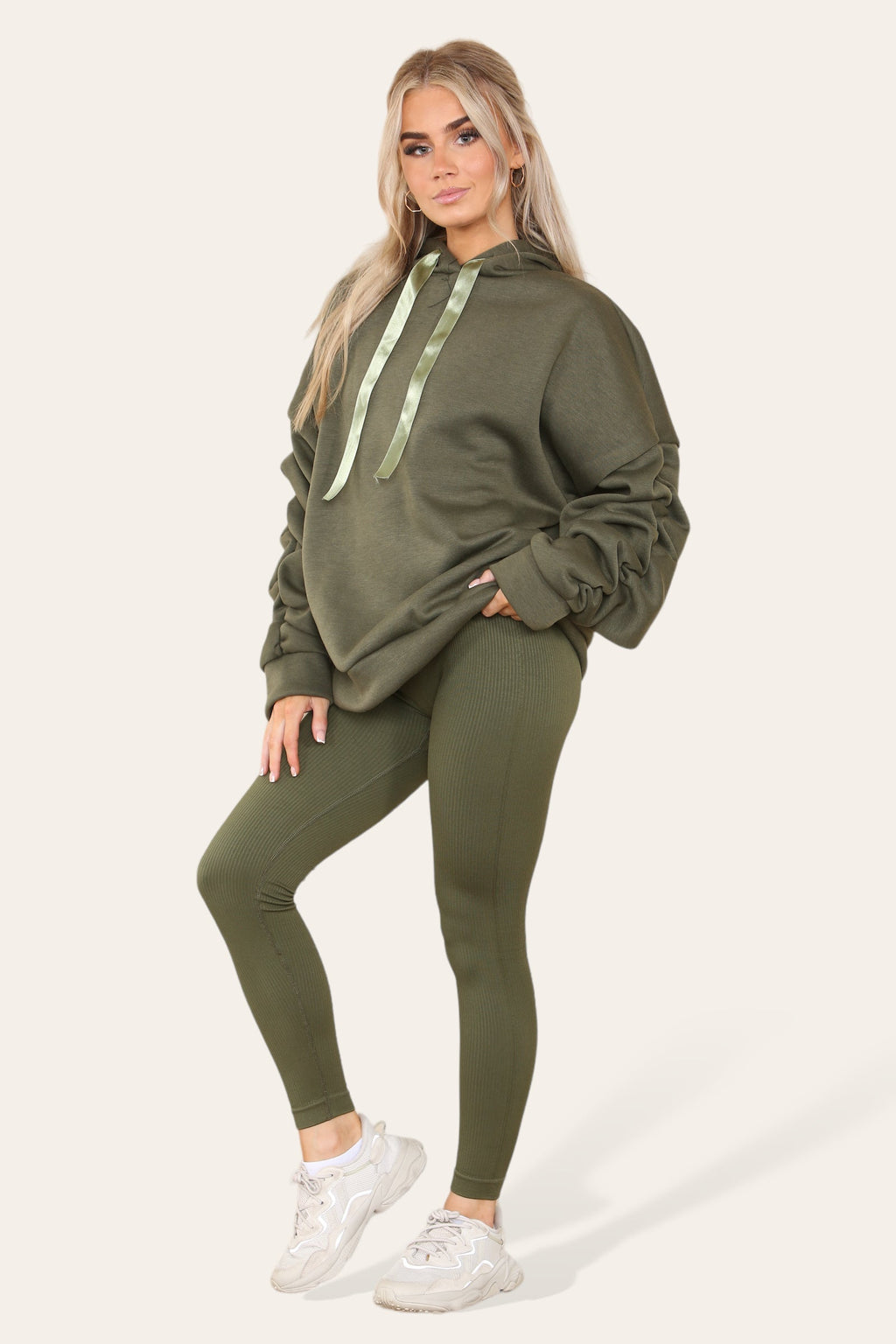 Oversized Ruched Sleeves Hoodie With Satin Ribbon with High Waist High