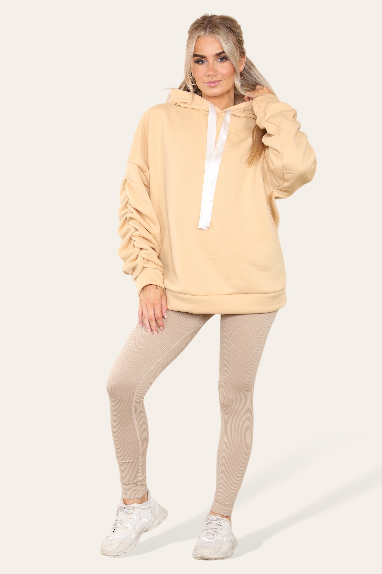 Oversized Ruched Sleeves Hoodie With Satin Ribbon with High Waist High