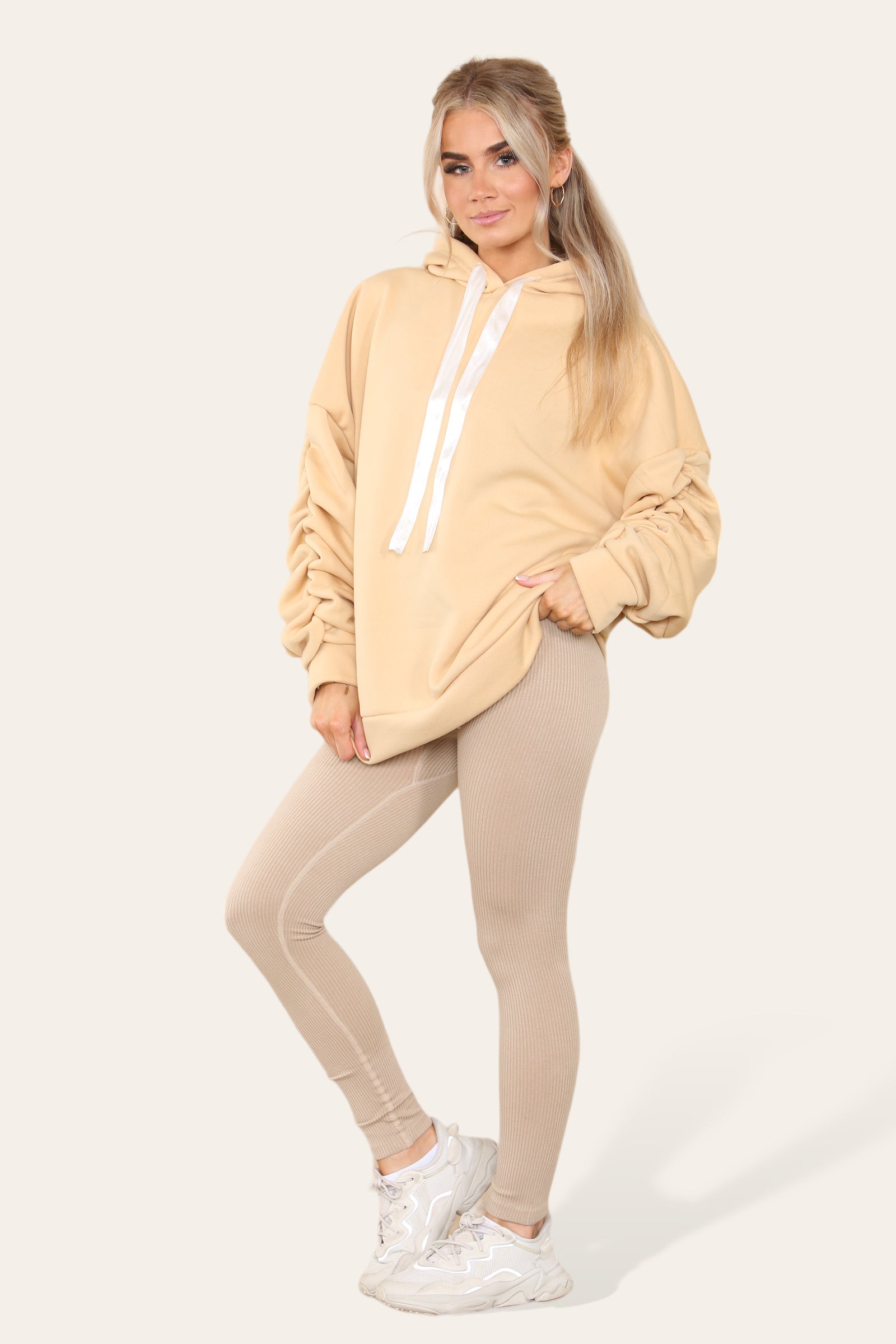Oversized Ruched Sleeves Hoodie With Satin Ribbon with High Waist High