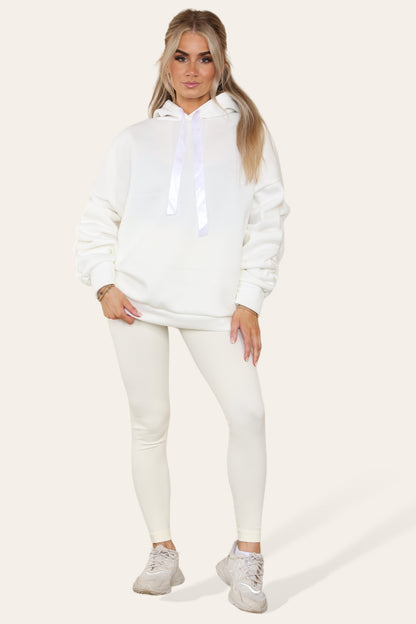 Oversized Ruched Sleeves Hoodie With Satin Ribbon with High Waist High