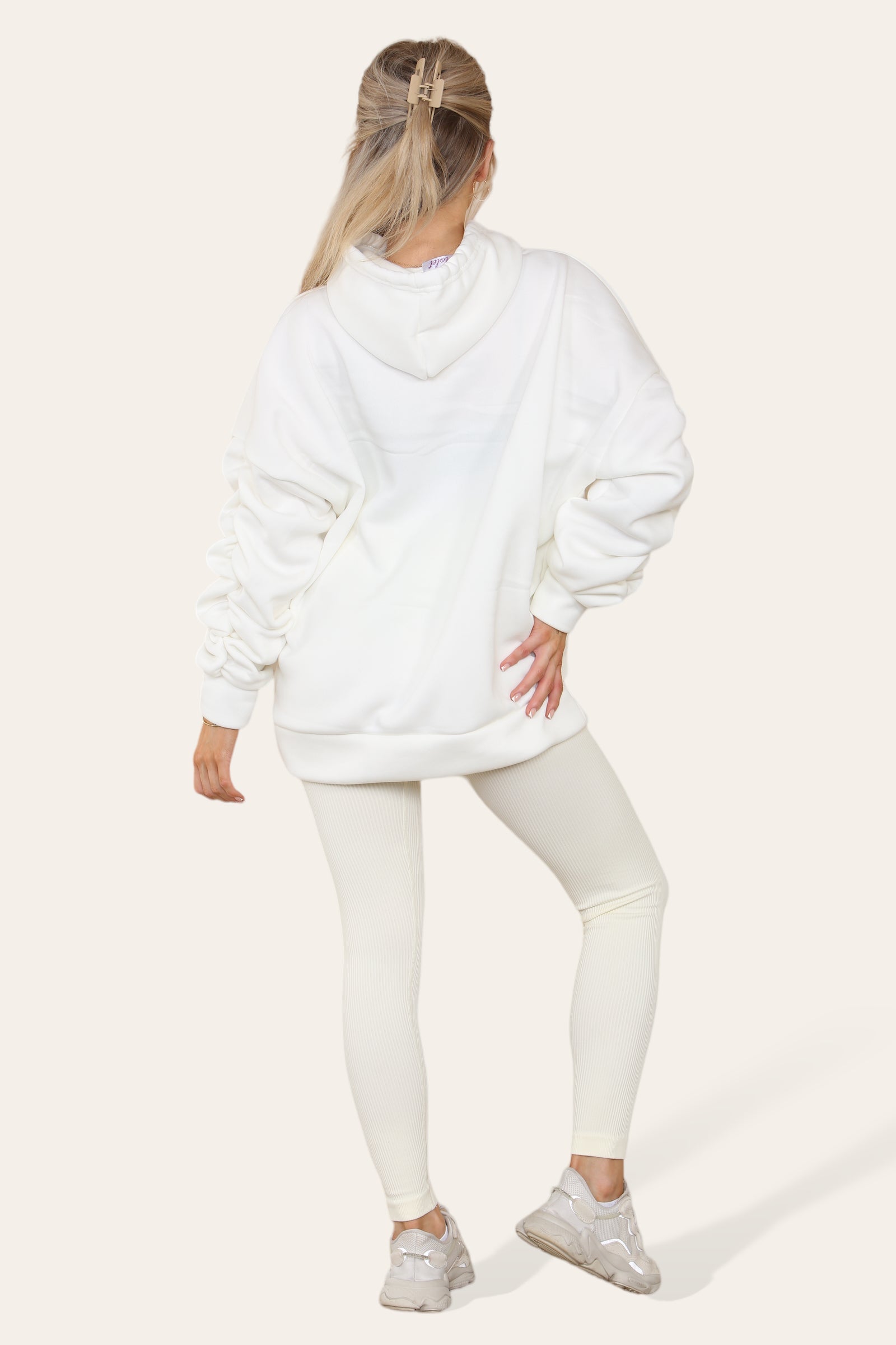 Oversized Ruched Sleeves Hoodie With Satin Ribbon