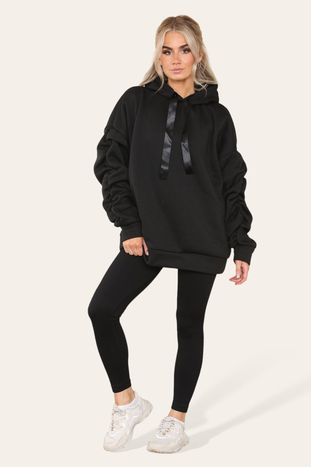 Oversized Ruched Sleeves Hoodie With Satin Ribbon with High Waist High